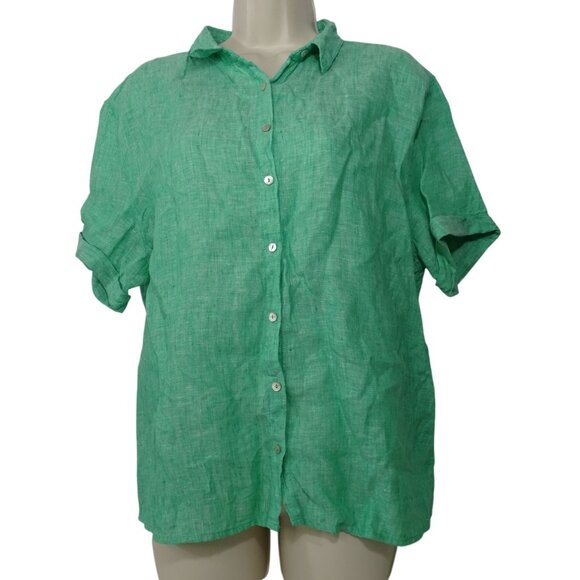 Tahari Green Button Up Linen Blouse Shirt Women Size L Short Sleeve FLAW - Picture 1 of 11